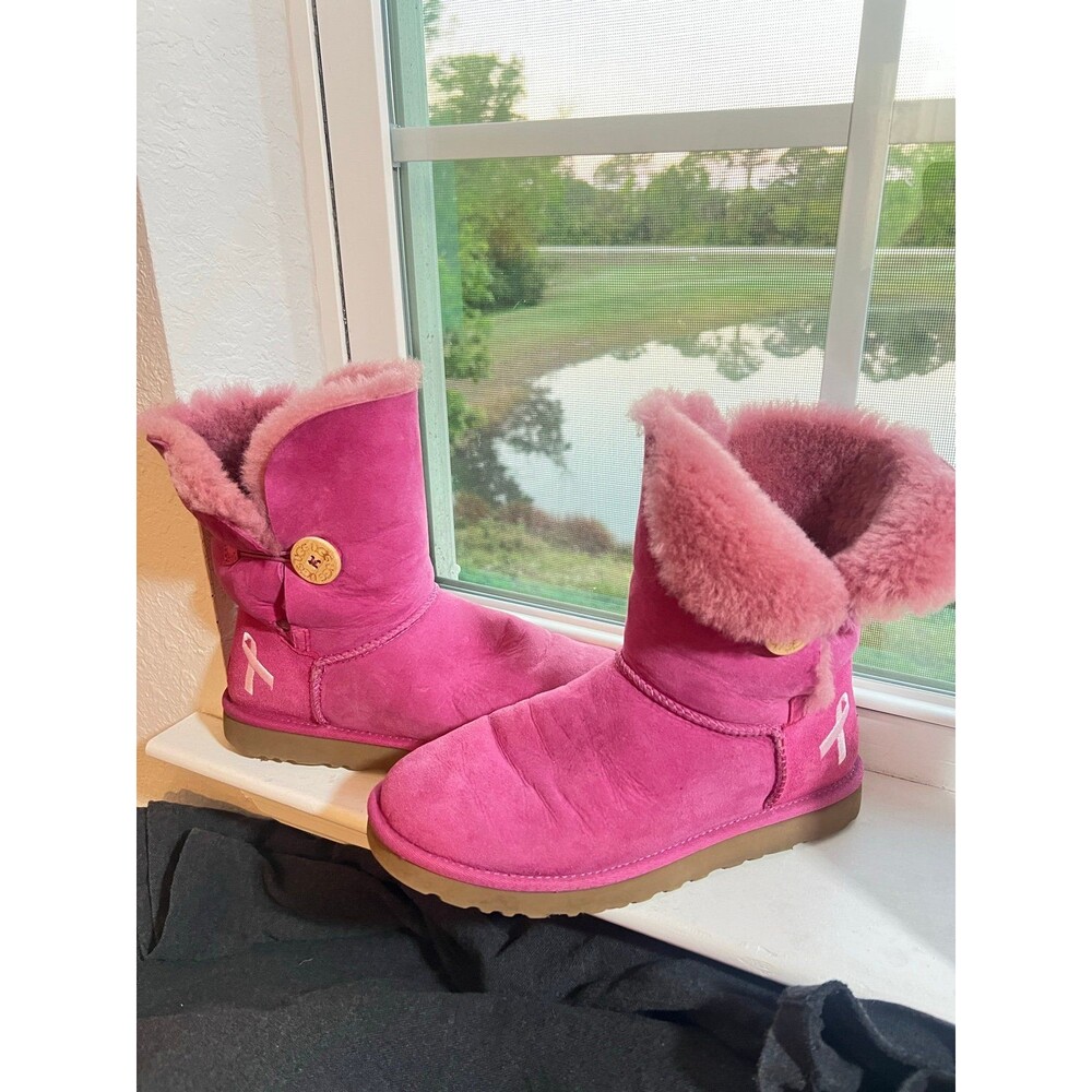 UGG Bailey Button Boots Pink Breast Cancer Awareness Embroidered Logo Size 9